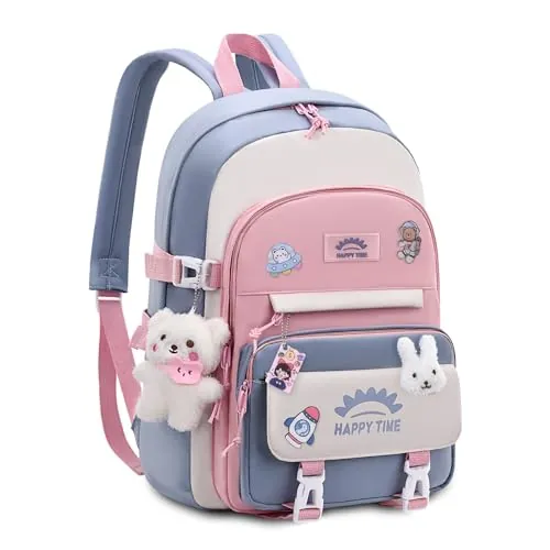 Tanou Mochilas Escolares Niña, 20 Litros Mochila para Niñas con Colgante de 8 a 12 Años, Ligera e Impermeable Mochila Kawaii Escolar de Nailon para Niñas, Azul