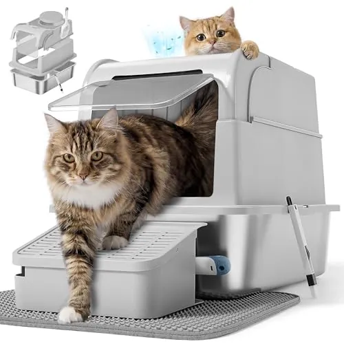 Feandrea Arenero para Gatos de Acero Inoxidable con Tapa, 2 Entradas