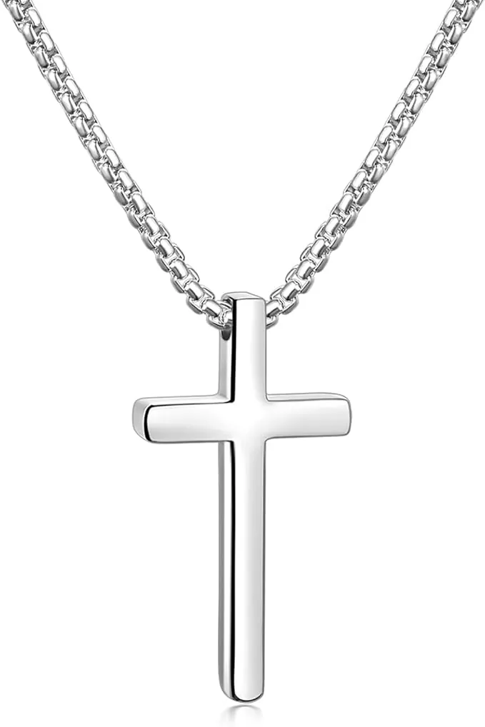 Collar Cruz, Colgante Cruz Cadena Acero Inoxidable, Cadena Collar para Hombre Mujer 55 cm, Crucifijo Colgante para Cristianos Católicos Comunión Religiosa, Bautismo, Misa, Biblia, Plata