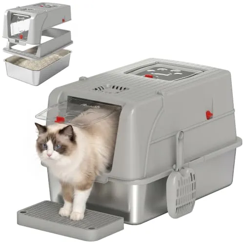 PawHut Arenero para Gatos de Acero Inoxidable XL Tapa Abatible Gris Claro | Caja de Arena Cerrada, Borde Alto, 2 Entradas, Escalón, Pala, Diseño Desmontable, Fácil de Limpiar, Antifugas, Antiolor