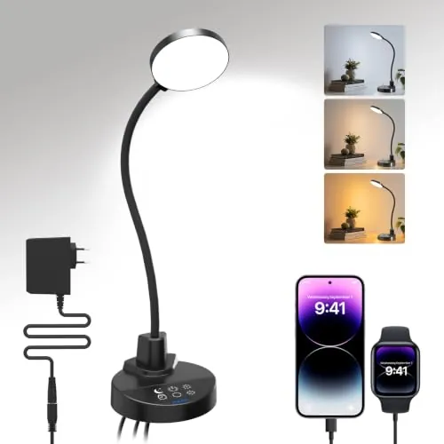ZAPLIT Lámpara de escritorio LED de 15W con USB-A y USB-C – Regulable, 3 temperaturas de color, 5 niveles de brillo, 4 temporizadores, cuello de cisne flexible de 360°, protección de los ojos