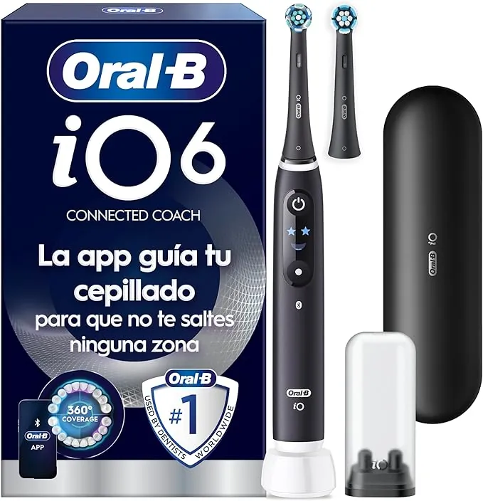 Oral-B iO 6N Cepillo de Dientes Eléctrico Negro Con Mango Recargable, 2 Cabezales y 1 Estuche de Viaje, 5 Modos De Cepillado Con Blanqueamiento Dental, Sensor De Presión, Diseñado por Braun