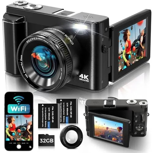 Cámara Digital 4K con WiFi 64MP Cámara de Fotos Digital con Pantalla 3" 180° Abatible, Tarjeta de 32 GB, 2 Baterías, Zoom Digital 16X, Autofoco, Anti-Vibración para Adolescentes, Adulto, Principiante