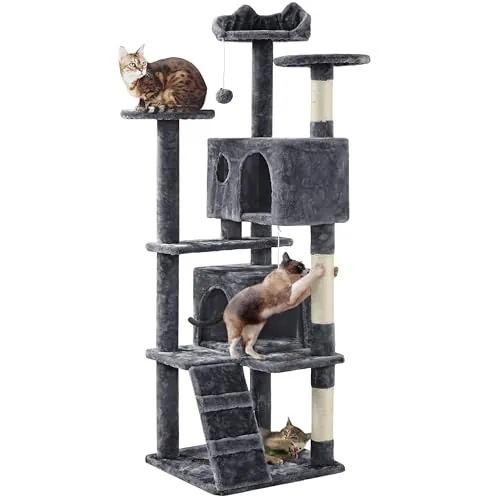 Yaheetech Árbol Rascador para Gatos de 158 cm con Plataforma Torre Escalador para 1-3 Gatos Medianos con Bolas 49x49x158 cm Gris Oscuro Gris Oscuro
