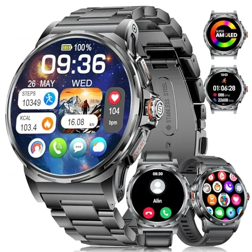 LIGEMI Reloj Inteligente Hombre con 3 Correas, 1.43" HD AMOLED Smartwatch Hombre con Llamadas Bluetooth, Monitor de Sueño, 5ATM Impermeable, 100+ Modos Deportivos para Android iOS