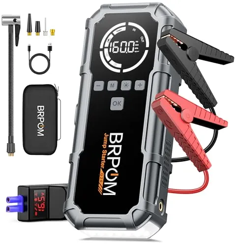 BRPOM Arrancador de baterías de Coche 8000 A con compresor de Aire 160 PSI, 12 V, para Motores Gasolina y diésel hasta 12 L, 26800 mAh, Pantalla LCD de 3,2 Pulgadas y luz LED 600 LM