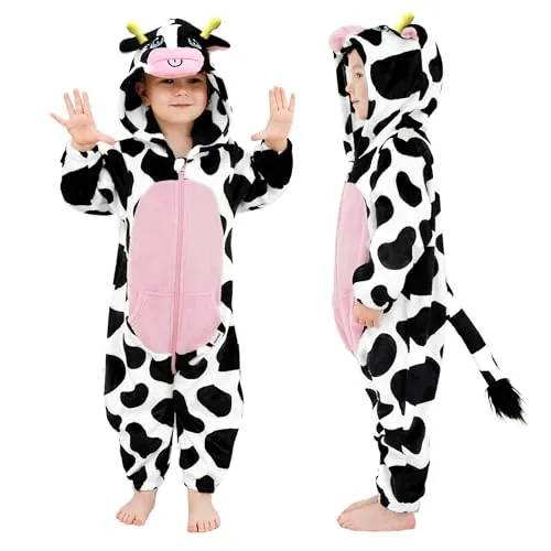 LOLANTA Disfraz Unisex de Vaca para Bebé, Disfraz de Animal con Capucha para Niño, Traje de Unión de Franela, 2-3 años