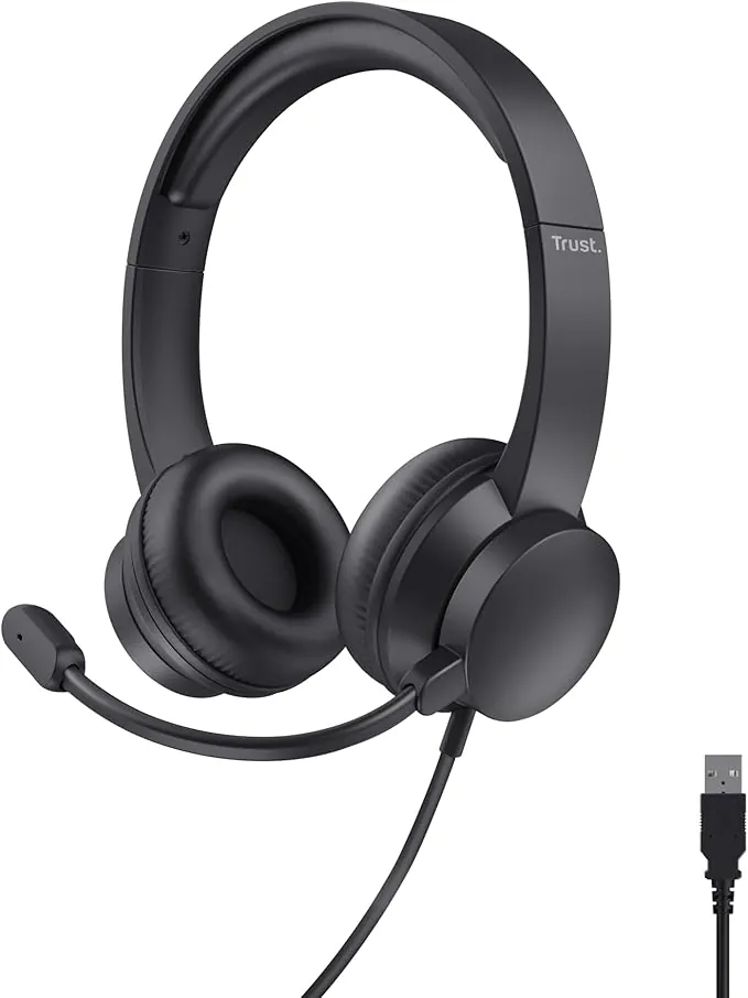 Trust Roha II USB Auriculares con Micrófono PC Ligero On Ear, Diadema Ajustable, Control de Volumen Supraaural, Cable de 1,8 m, Cascos per Oficina Ordenador Portátil Laptop Zoom Teams - Negro