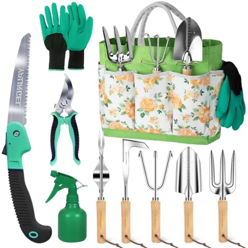 YAUNGEL Juego de Herramientas de jardinería, 10 Piezas de Acero Inoxidable de Uso Pesado con Mango de Madera Antideslizante - Regalos para Mujeres y Hombres, Verde Floral