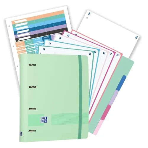 Oxford, Pack Archivador Live & Go A4+ 4 Anillas, Plástico Polyfoam, Incluye 2 Recambios con 5 Bandas Color Cuadrícula 5x5 y Separadores de Plástico, Color Ice Mint