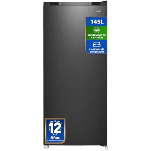 CHiQ Congelador Vertical 145L con 4 Estrellas & Puerta Reversible Negro | 1 Tapa, 4 Cajones, Patas Regulables, 126 x 54 x 55 cm (AlxAnxFon), 12 Años Garantía Compresor, FSD160D4E