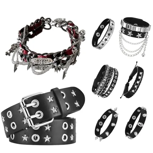 Tastetreasure Y2K - Juego de accesorios para hombre y mujer, 8 piezas, gargantilla punk con colgante de corazón, cinturón de estrella doble y 6 remaches para mujer y hombre, joyas emo grunge para