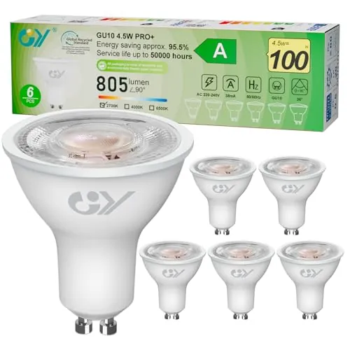 GY GU10 LED spot 4.5W bombilla led gu10, Blanco Cálido 2700K 805 Lumen, 4.5W equivalentes a 100W, ángulo de haz 36°, bombilla bajo consumo,No Regulable,6 piezas