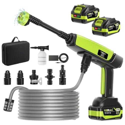 VOERJIA Hidrolimpiadora de Alta Presión a Batería 1000 PSI, Pistola de Agua Inalámbrica con 2 Baterías 4.0Ah (LED), Boquilla 6 en 1 para Lavado de Coche, Fachadas y Riego de Jardín