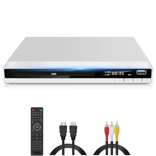 Reproductor de DVD para TV, Reproductores de DVD Gratuito Multiregión, Lector DVDs CD Doméstico con Entrada USB y Salida HDMI RCA, Incorpora PAL y NTSC, No Compatible con BLU-Ray (Blanco, Modelo-168)