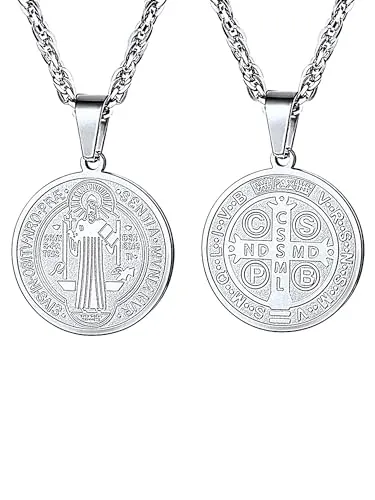 PROSTEEL Medalla San Benito Nursia Cruz Abad Color Plata Proteecion Colgante Cruz Benito Exorcista Católica con Collar 55cm Largo Acero Quirurgico