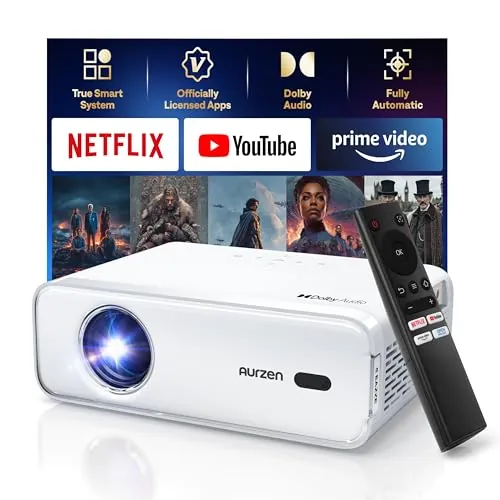 Proyector 4K Soporte【Oficial NetfIix/Auto Focus/Keystone/DoIby Audio】 AURZEN Eazze D1 Proyector Full HD 1080P Nativo, con Bluetooth y Wi-Fi, con una Aplicación Incorporada Youtube/Prime Video