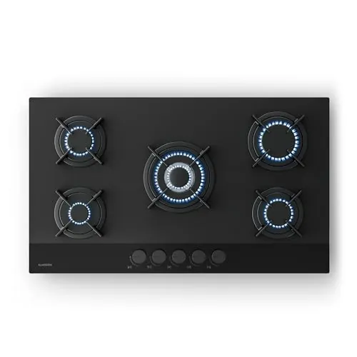 Klarstein Velaire Placa de Gas 90 cm - 5 Quemadores, 10400 W, Vidrio, Encendido Eléctrico, GLP & Gas Natural, Protección Antillama, Encimera Cocina, Kit Conversión Incluido