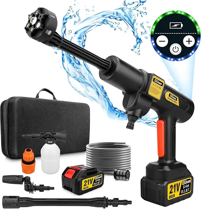 Gisam Hidrolimpiadora de Alta Presión, Hidrolimpiadora Portatil MAX 65 Bar con 2 x 4000mA Baterías, Pulverizador de Espuma, 6 en 1 Boquilla Multiusos y 180° Boquilla Giratoria (Gisam-01)