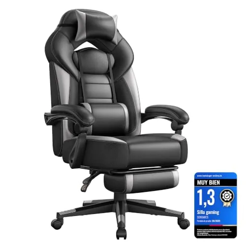 SONGMICS Silla Gaming, Diseño Ergonómico, Capacidad de Carga 150 kg | Silla de Oficina, Ordenador, con Reposapiés, Reposacabezas Ajustable, Cojín Lumbar, Negro y Gris, Colección CATHY OBG77BG