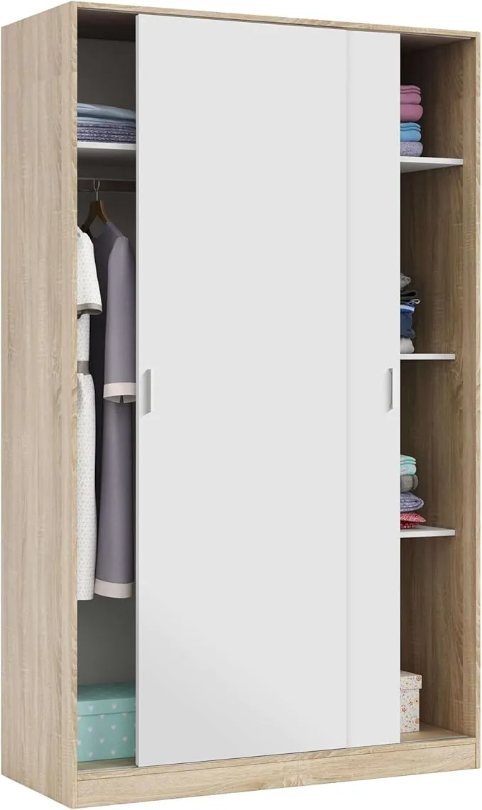Habitdesign Armario 2 Puertas Correderas y Estantes, 200x120x50 (AltoxAnchoxFondo - en cm). Ropero Dormitorio Principal, Armario Infantil, Color Blanco Artik y Roble Canadian