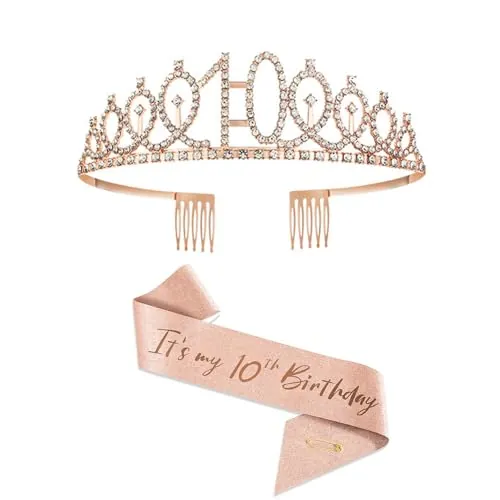 10 Cumpleaños Fajín y Tiara para Niña,Oro Rosa 10 Cumpleaños Banda Corona Decoracion 10 Años Cumpleaños Chica Rhinestone Corona Regalos 10 Cumpleaños para Niñas Feliz Fiesta