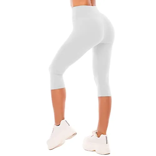 SINOPHANT Leggins Cortos Mujer Cintura Alta 3/4 Pantalones Deportivos Capri Mallas Deporte 1 Blanco S-M