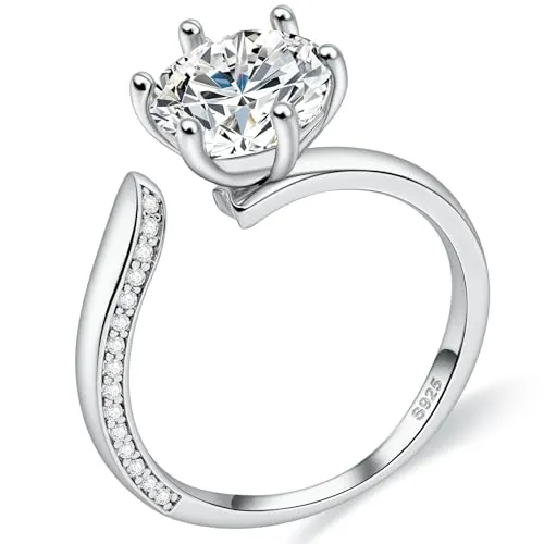 FEIKFEIZ Anillo de moissanita para mujer, diamante de laboratorio de 1,5 CT, plata 925 bañada en oro blanco 18 K, anillo abierto ajustable, anillo de compromiso, joya para regalo.