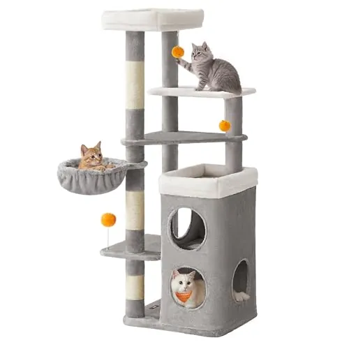 Feandrea Árbol para Gatos, Multinivel, 150 cm, 3 Plataformas, Gris Paloma | 2 Cuevas Grandes, una Hamaca, 3 Columnas para Arañarse, Gris Paloma, Colección 线下B2B PCT007G01