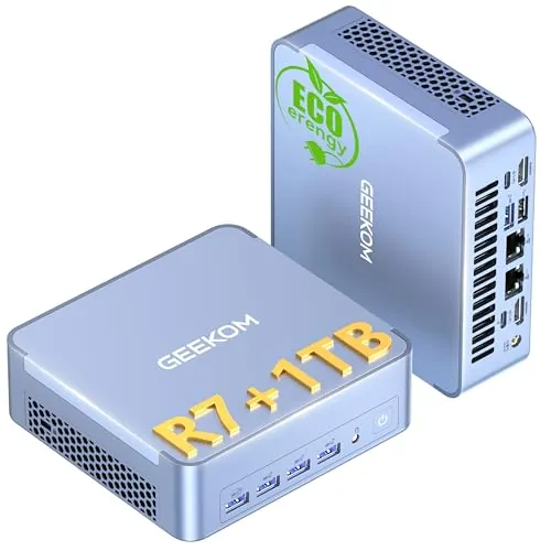 GEEKOM AX8 MAX Mini PC con AMD Ryzen 7 8745HS (Actualizado 6800H), 16GB DDR5 (DDR Ampliable, No LPDDR Bloqueada), 1TB SSD| Radeon 780M| Dual 2.5GbE LAN| USB4.0| WiFi 6E| 4 Pantalla 8K| Windows 11 Pro