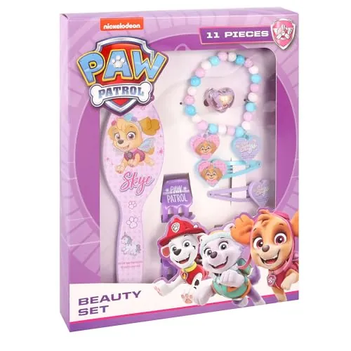 TDL Juego de 11 piezas de joyería y accesorios para el cabello de Paw Patrol Skye para niñas, juego de regalo rosa, pulseras de cepillo para el pelo, pulseras y coleteros