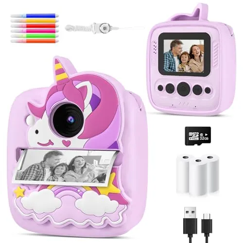 Camara Fotos Infantil Instantanea, 2,0 Pulgada 48MP Cámara de Fotos Instantánea, 1080P Cámara Instantánea Infantil con Papel Fotográfico & Funda de Silicona, Regalo para Niños de 3 a 10 Años