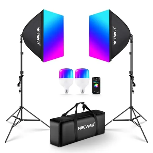 NEEWER RGB Kit de Iluminación Softbox con Control de App y 9 Modos de Efecto,2 Pack 24W Bombillas LED CRI93+ TLCI98+ Certificadas CE/UKCA,Casquillo E27,Softboxes 24",para Luz Fotografía Estudio,NK800