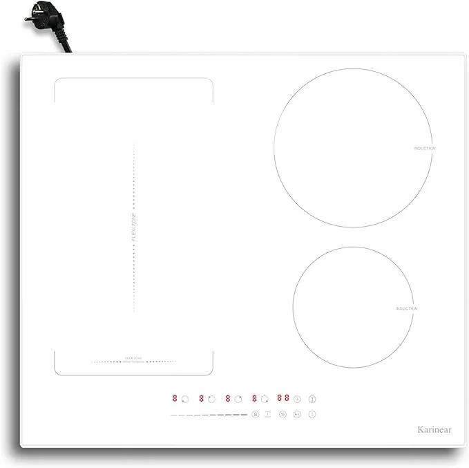 Karinear Placa de Inducción 4 Fuegos con Zona Flexible, Induccion Blanca, Booster, Control por Deslizamiento y Toque, Temporizador, Bloqueo Para Niños, 60 CM, 220-240 V, 3500 W, con Enchufe