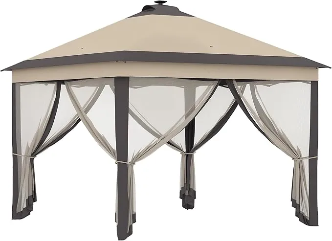 Outsunny Carpa Plegable con Luces LED 3,3x3,3 m Cenador de Jardín con Control Remoto 4 Paredes Laterales de Malla Altura Ajustable y Bolsa de Transporte para Patio Fiestas Beige
