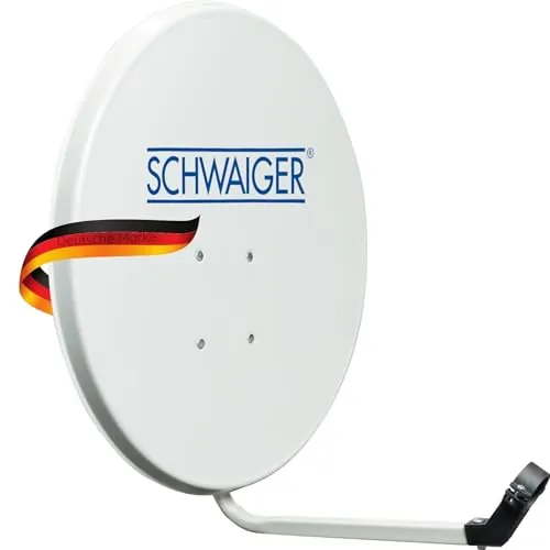 Antena para televisión digital vía satélite Schwaiger 714166 (75 x 85 cm) con brazo de carga LNB y mástil, antracita, espejo de acero – para recepción de DVB-S/S2 en Full HD, 3D y 4K (Ultra HD)