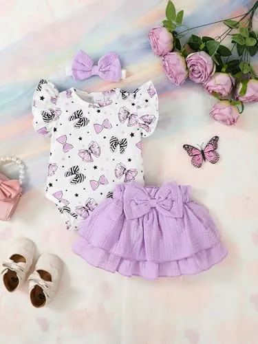 Conjunto de body de manga acanalada con vuelo, falda con estampado de lazo y diadema para bebé niña, Blanco, 12 -18 meses