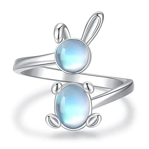 CHENGHONG Anillo ajustable de piedra lunar de plata 925, libélulas, gatos, conejos, animales, anillo Keep Going, joyas para niñas, mujeres y niños, 18, Plata