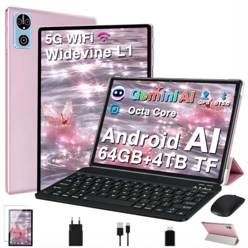 Gemini AI Tablet Android OS Tablets 10 Pulgadas 64GB+2TB TF, 5G Wi-Fi, Octa-Core 2.0GHz, Widevine L1, 8+5MP, GMS, 6000mAh, Facial ID,GPS,BT5.0, 2 en 1 Tablet con Teclado,Ratón y Funda - Oro Rosa