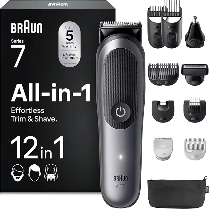 Braun Recortadora Todo En Uno Series 7 AIO7545, Kit De Styling 12en1 Para Barba, Pelo, Orejas, Nariz y Cuerpo, 14 Longitudes, 120 Min De Autonomía, Gris, El embalaje puede variar