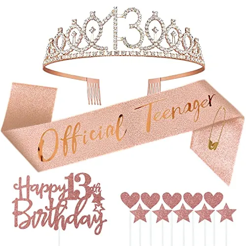 Jonvell 13 Años Corona Banda Cumpleaños Niñas Tiara Corona y Faja de Oro Rosa Cinturón de Cumpleaños Corona de Diamantes Topper per Torta di Compleanno 13 Regalo Niñas Cumpleaños Decoración