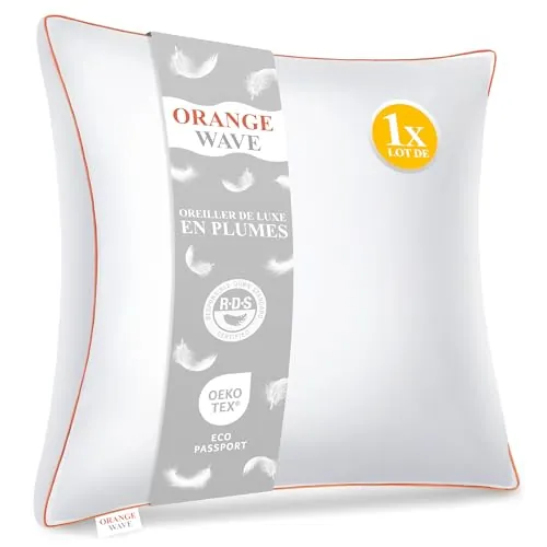 Orange Wave Almohada de Plumas 60x60cm – Cojín de Lujo de 60x60 cm con Plumón y Plumas Naturales, Comodidad Suave y Ergonómica para un Soporte Noches Placenteras, certificada RDS y Oeko-Tex