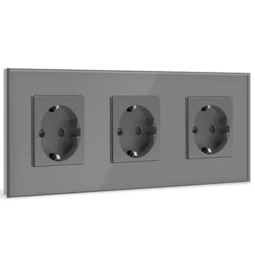 BSEED Enchufe de Pared Triple,Schuko Enchufe Triple con Panel de Cristal Gris,16A 250V Toma de Corriente,Enchufes de Extensión para Cocina,Dormitorio,Oficina,Hotel,etc