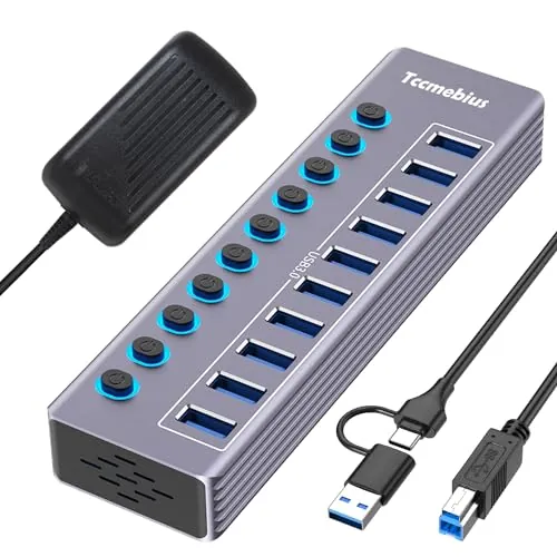 Tccmebius USB Hub Alimentado, Aluminio Hub USB 3.0/USB C a 10 Puertos 5Gbps Datos con Interruptor Independiente LED, Adaptador de Corriente 12V/3A, 2-en-1 Cable Datos 100CM, para Laptop PC (TCC-T310U)