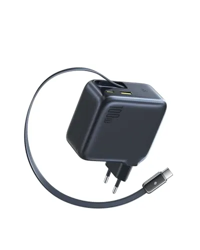 Baseus Enercore - Cargador USB C (100 W, cable extensible, 3 puertos GaN, cargador rápido PD compatible con MacBook Pro Air, Dell, HP, iPad, iPhone 17/16/15/14/13Pro Max Galaxy S25/24Ultra