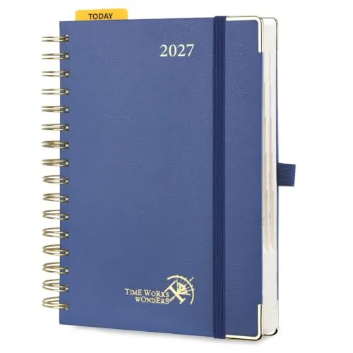 POPRUN Agenda 2027 Dia Por Pagina Espiral Tapa Dura, A5 21 x 13,8cm escolar | Planificador diario, 12 Meses, Ene 2027-Dic 2027, Regla de Plástico, Papel 80 GSM, Página por día, Azul Marino