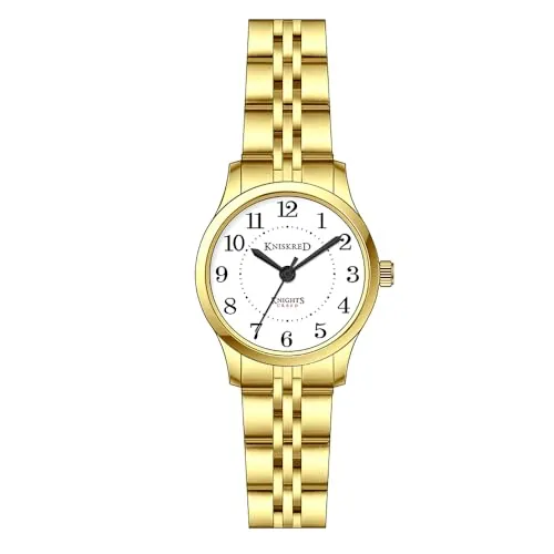 KNISKRED Reloj de Fácil Lectura para Mujer con Correa Sólida de Acero Inoxidable Reloj de Vestir para Damas Resistente al Agua (Dorado Blanco)