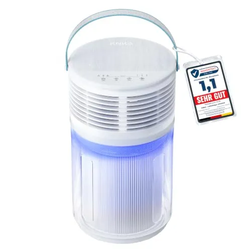 KNKA Purificador de Aire HEPA, Polen y Alérgenos, Compacto, Blanco | purificador de aire con filtro hepa, CADR 100 m³/h, 4 velocidades, 2/4/8 h, luz azul-violeta, Aromabox, silencioso y portátil