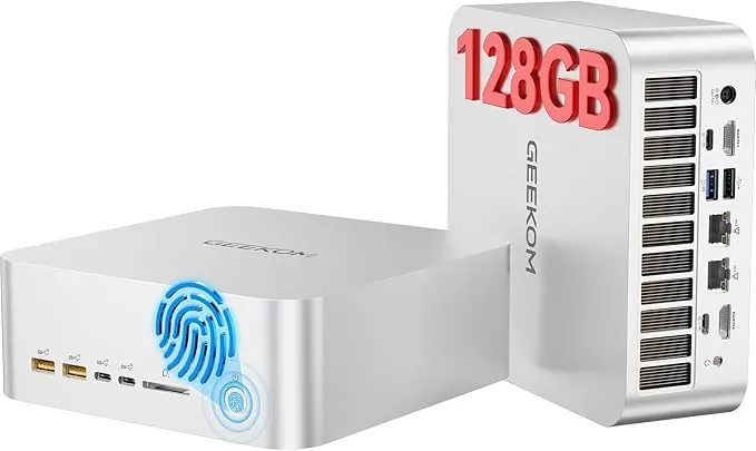 GEEKOM A9 Mega Mini PC Gaming con AMD Ryzen AI Max+ 395, Radeon 8060S, 128GB RAM y 2TB SSD NVMe, Mini Ordenador con Huella Dactilar| IA hasta 126 TOPS|Doble LAN 2.5G|USB4|Windows 11 Pro|4 Pantallas 8K