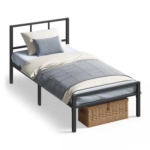VASAGLE Cama Individual, Marco de Metal, Cabecero, Negro Mate, 90 x 190 cm